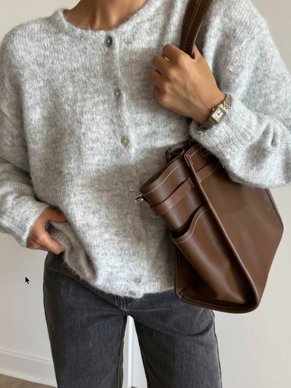 Grey Knit Button Through Cardigan Round Neck Long Sleeve